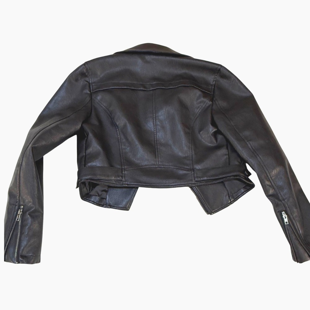 Fate Womens Black Faux Leather Cropped Moto Biker Jacket Small Vegan Leather Zip